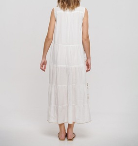 Vestido Casual sin Mangas de Algodón Blanco, Silueta en A, Talla Única, Largo hasta el Suelo, con Bordado Beige y Lentejuelas, Cintura Natural - Product Image 1