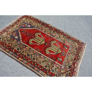 Alfombra de lana verde roja Oriental, 4x5,9 pies, tejido plano de retazos de área grande turco Vintage para decoraciones para sala de estar, respaldo de látex - Product Image 2