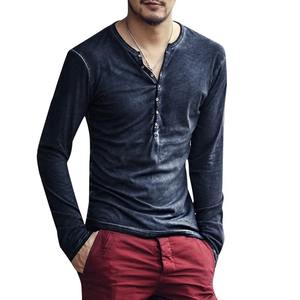 Camiseta de manga larga con cuello en V para hombre 2025 botones elegantes otoño Casual sólido ropa masculina 5XL sostenible 100% algodón transpirable - Product Image 5