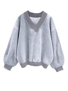 Pull en molleton doux à col en V à capuche pour femme, imprimé personnalisé, manches longues, bordure contrastée, haut décontracté, vêtements décontractés pour tous les jours - Product Image 6