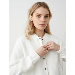 Women's Full-Sleeve Baggy <b>Linen</b> Bomber <b>Jacket</b> Stand Collar Raw Processing Button Closure Woven Cotton-Filled for Autumn/Winter - Product Image 3
