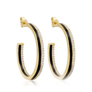 Pendientes de Aro con Diseño de Esmalte Negro y Circonita, Joyería Turca Artesanal de Plata de Ley 925 al por Mayor - Product Image 4