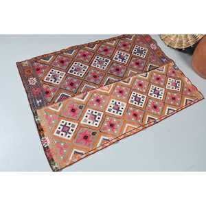 Alfombra Turca Vintage, Alfombra Kilim de 3.2x4.7 pies, Alfombra de Lana con Diseño Floral Azul y Rojo - Product Image 2