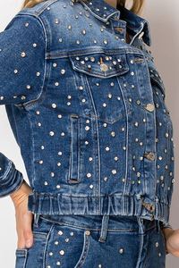 Vente en gros en usine veste en jean pour femmes surdimensionnée sur mesure vêtements d'extérieur en jean bleu Streetwear élégant avec décoration en pierre - Product Image 3