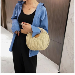 Pumpkin Shaped Handwoven Seagrass <b>Handbag</b> Vintage Boho Straw Tote with PU Leather <b>Handle</b>, Magnetic Closure & Lining - Product Image 2