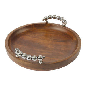 Plateau de service rectangulaire en bois de manguier brun artisanal et incrustations en métal argenté, motif floral, avec poignées en aluminium, décoration d'intérieur - Product Image 3