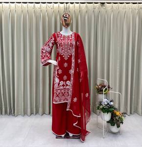 Ensemble haut et pantalon plazzo brodé lourd spécial Karwa Chauth de qualité supérieure pour femmes, vêtements ethniques festifs, vente en gros OEM ODM - Product Image 3