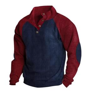 Mens Corduroy Pullover Two Tone <b>Brown</b> Navy <b>Long</b> <b>Sleeve</b> Button Up Casual Warm Winter Fashion Vintage Style <b>Top</b> - Product Image 2