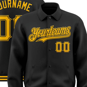 Veste de baseball universitaire personnalisée pour homme, noire et jaune, col montant, style bomber, broderie de nom et de numéro, bouton, vêtement d'extérieur - Product Image 4