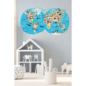 Animales circulares Mapa del mundo colorido Escuela Guardería Habitación infantil Pegatina de pared colorida