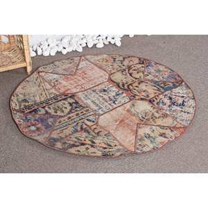 Tapis en Laine Traditionnel Vintage Beige Bleu Patchwork Motif 3.4X3.4 pieds Taille pour Décorations de Salon Latex Style Turc - Product Image 2