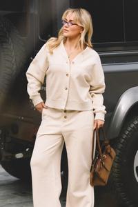 Ensemble de survêtement pour femme en nylon/coton, 2 pièces, long, uni, brodé, avec détails boutonnés, crème, pour l'hiver - Product Image 2