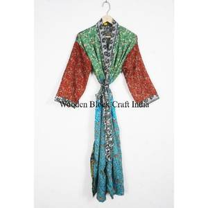 Vintage Bohemian Floral <b>Silk</b> <b>Kimono</b> for Women Summer Hippie Style V-neck Drawstring Full Length Sleepwear/Nightgown/Bathrobe - Product Image 1