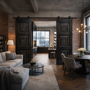 Puerta Corredera Doble de Madera Maciza Tallada a Mano |   Puerta Interior de Estilo Industrial Loft |   Tamaños y Acabados Personalizados Disponibles - Product Image 1