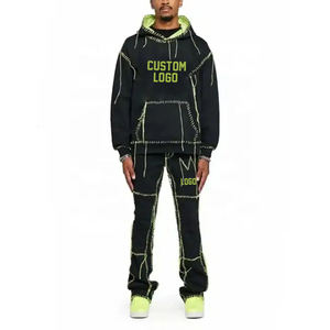 Chándales de lana de algodón de gran tamaño Unisex con contraste de colores de logotipo personalizado OEM, pantalones apilados de invierno para hombre, Sudadera con capucha técnica impresa - Product Image 3