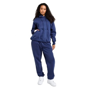 Stylish Winter 100% Cotton Fleece Oversized Tracksuit for <b>Women</b> Pullover <b>Hoodie</b> Set Casual Streetwear <b>Navy</b> Blue - Product Image 1