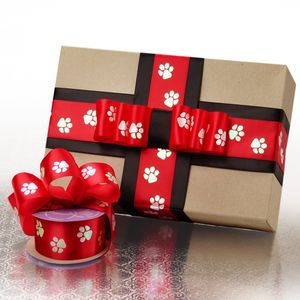 Solid <b>Red</b> Paw Print Satin <b>Ribbon</b> Roll Floral Style for Birthday Gift Wrapping and Packaging Made of Durable Polyester - Product Image 1