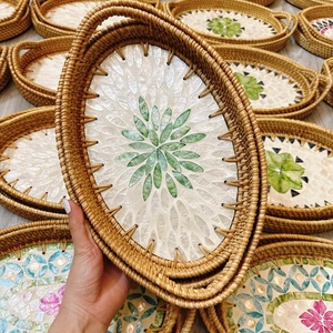 Plateaux décoratifs en rotin faits à la main, motif floral rond, style bohème, ensemble multi-pièces en fibres végétales - Product Image 4