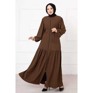 Brun Ballon Manches Fermeture Éclair Abaya Modeste Muslimah Usage Quotidien Vintage Mode Empire Taille Solide Broderie Étage-Longueur - Product Image 4