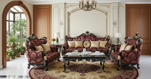 Set di lusso divano damascato rosso con struttura <span class=keywords><strong>in</strong></span> legno intagliato, mobili da soggiorno <span class=keywords><strong>in</strong></span> stile classico europeo, elegante divano e poltrona - Product Image 3