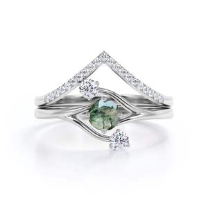 Anillo de Boda Clásico de Plata 925 con Tres Piedras, 0.7 Quilates, Ágata Musgosa, Moissanita, Chapado en Oro, Engaste de Garras, Anillo para Fiesta de Bodas - Product Image 3