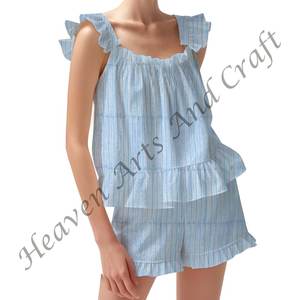 2026 Conjunto de pijama de pantalones cortos de estilo informal de talla grande para mujer Primavera/Verano Floral ajustado con tiras y volantes - Product Image 6