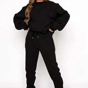 Conjunto de chándal de dos piezas informal sólido para mujer, Top de manga larga con cuello redondo y pantalones para correr con cordón, chándal - Product Image 2