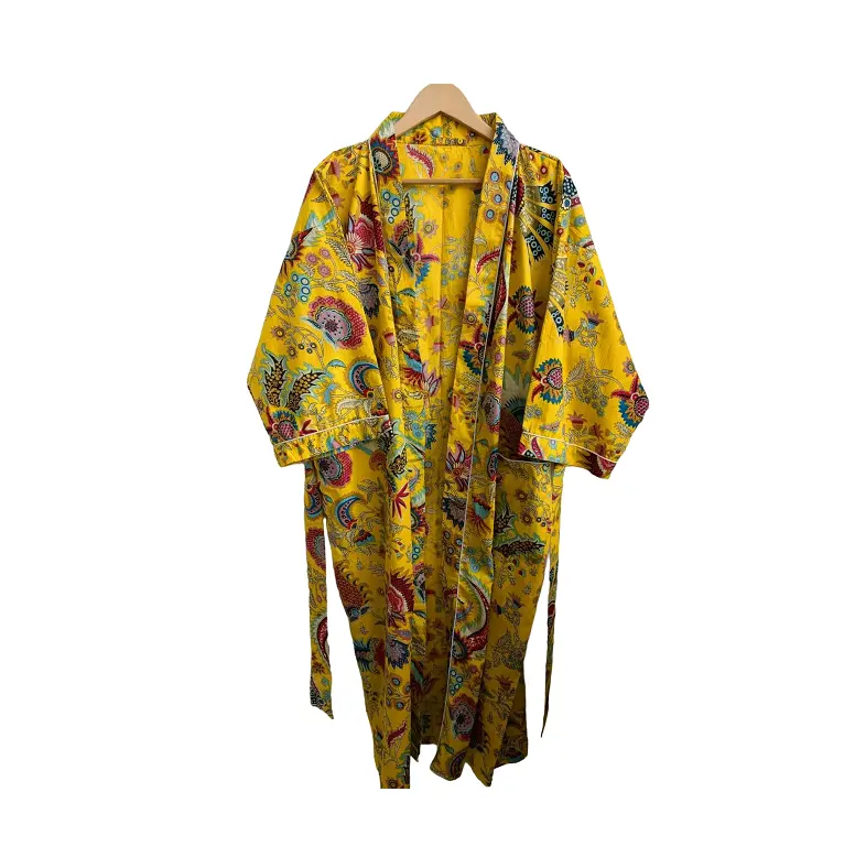 Excellente qualité Jaune Mukut Imprimé Coton Kimono Robe Chemises de nuit Disponible au prix de gros Hippie Kimono