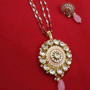 Indian Traditional & Fashionable Gold Plated Flower Stylish <b>Drop</b> & Kundan Copper Pendant <b>Necklace</b> Set for Women with Chain - Product Image 1