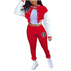 Survêtement femme automne, lettre brodée à manches longues boutons courts veste pantalon décontracté ensemble - Product Image 1