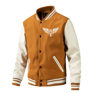เสื้อแจ็คเก็ตวาร์ซิตี้สีน้ำตาลและสีขาวสำหรับผู้ชายแบบกำหนดเอง  เสื้อแจ็คเก็ตเบสบอลแบบ Letterman  พร้อมปกตั้งและโลโก้ด้านหน้าแบบกำหนดเอง - Product Image 2