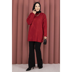 เสื้อคลุมลำลองคอกลมลายทางสีแดงสำหรับฤดูใบไม้ร่วง ทรงหลวมถักนิตติ้งยาว พร้อมเทคนิคการถักมือและลายแจ็คการ์ด - Product Image 3