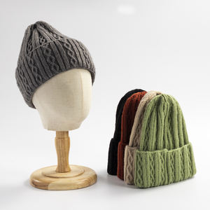 Gorro de lana grueso de punto de cable | Gorros acanalados gruesos Vintage para invierno | Gorro con puños de estilo de lana unisex - Product Image 2