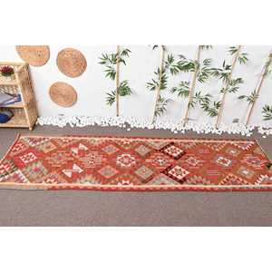 Vintage Rug, 3x10.1 ft <b>Runner</b> Turkish Rug, Herki <b>Red</b> Brown Oriental Rug - Product Image 3