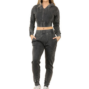 Conjunto Deportivo de Dos Piezas para Mujer, Estilo Vintage, Lavado Ácido, Algodón, Cierre de Cremallera, Top Corto, Diseño Sólido, para Invierno - Product Image 1