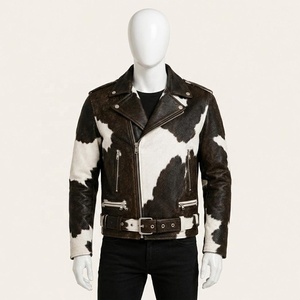 Chaqueta de Motero para Hombre, de Cuero Genuino con Patrón de Piel de Vaca, Cuello Camisero, Cierre de Cremallera, Corte Regular, Estilo Slim de Invierno, Personalizable - Product Image 1