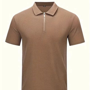 Men's Brown Waffle Knit Short Sleeve Polo Shirt With Zipper Casual Style Regular Fit Solid Color - Product Image 1