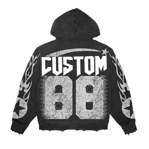 เสื้อฮู้ดผู้ชายพิมพ์ลายพัฟฟ์  ผ้าฟลีซหนา 400GSM  ตกแต่งด้วยคริสตัล  ทรงขาบาน  ล้างสีแบบแอซิดวอช  โลโก้แบบกำหนดเอง  สไตล์ฮิปสเตอร์ - Product Image 3