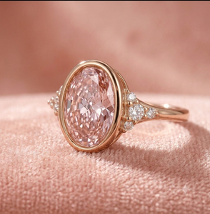 Bague de fiançailles classique en or jaune 18 carats, 3-4g, couleur F fantaisie rose, taille ovale, sertie clos avec pierres latérales, diamant de laboratoire, certifiée IGI - Product Image 2