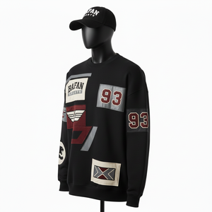 Sudadera Extra Grande para Hombre, Algodón, Poliéster, Felpa, Color Negro, Paneles en Bloques de Color, Apliques, Parches, Logotipo Personalizado, Básica - Product Image 4