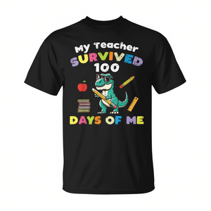 Camiseta My Teacher Survived 100 Days Of Me para niños, manga corta, diseño de dinosaurio, divertida para la escuela, unisex, cuello redondo, impresión digital - Product Image 2