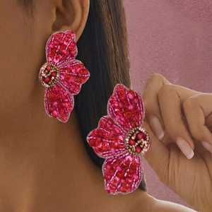 Rosette Ember Bohemian Beaded <b>Stud</b> Earrings Trendy Religious Flower Drop Earrings Made of <b>Titanium</b> and Quartz for Parties - Product Image 1