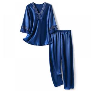 ชุดนอนผ้าไหมซาตินสำหรับผู้หญิง, ชุดนอนสองชิ้นสำหรับใส่อยู่บ้านแขน3/4 - Product Image 1
