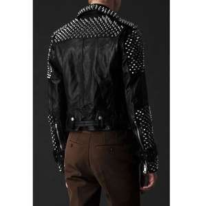 New Men's Gothic Black Leather <b>Jacket</b> Long Spike Rocker <b>Punk</b> Style Custom Handmade Waterproof Breathable Front Fashion Biker - Product Image 4