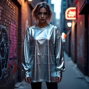 เสื้อเชิ้ตโอเวอร์ไซส์คอกลมหนังแท้สำหรับผู้หญิงสไตล์วินเทจ  พร้อมโลโก้ด้านหน้า หนังแกะ/หนังวัว คุณภาพสูง - Product Image 4