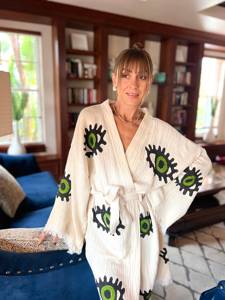 Handcrafted Natural Cotton Printed <b>Kimono</b> Robe Cozy Blanket Maxi Housecoat <b>Long</b> Fringe-Trim Sleeves Classic Loungewear Sweet - Product Image 3