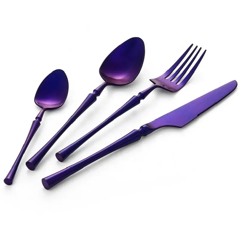 Set di posate lucide Set di posate di lusso in acciaio inossidabile di colore blu con manico lungo di lusso Set di cucchiai per forchetta con colore personalizzato