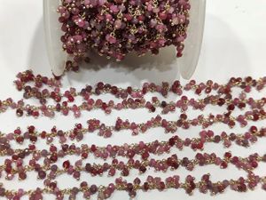 Natural <b>Ruby</b> Dangling Wire Wrapped Cluster 3mm Rondelle Faceted Brass Chain for Jewellery Making Sold Per Foot - Product Image 2