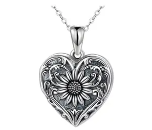 Couple Jewelry Vintage Style 925 Sterling Silver Oxidation Sunflower Heart Lock Pendant Necklaces
