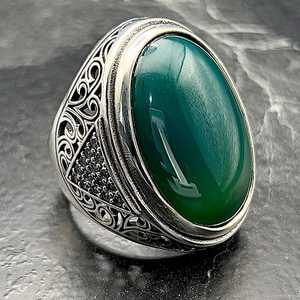 Men's Vintage Style Statement <b>Ring</b> Handmade Silver Green Agate Oval Aqeeq Gemstone Eye Shape Pattern Inlay Unique Boho Jewel for - Product Image 3